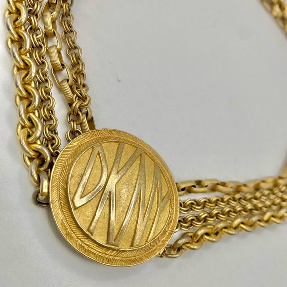 Vintage Donna Karan DKNY Signed Multi Strand Logo Medallion Collar Necklace - Picture 6 of 8